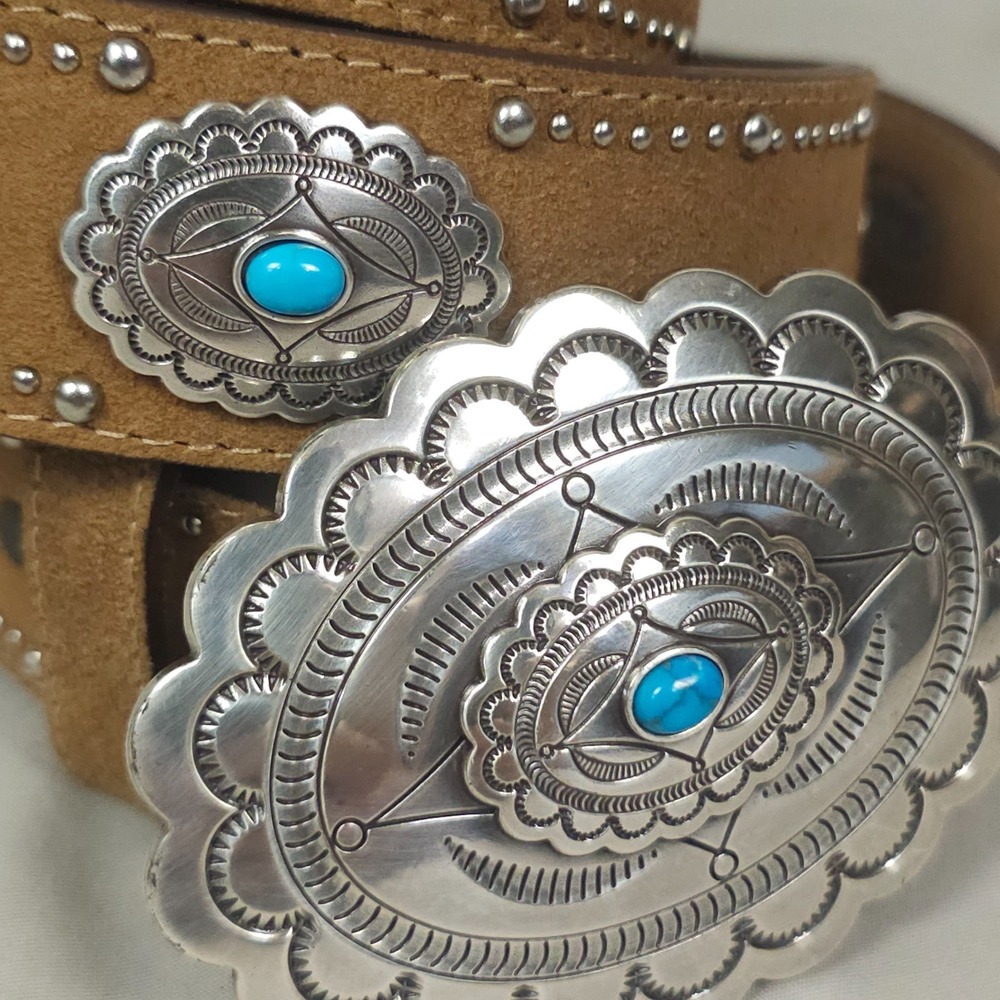 Tony Lama Western Concho Belt Size 36 Brown Suede Studded Faux Turquoise Silver - Picture 2 of 8